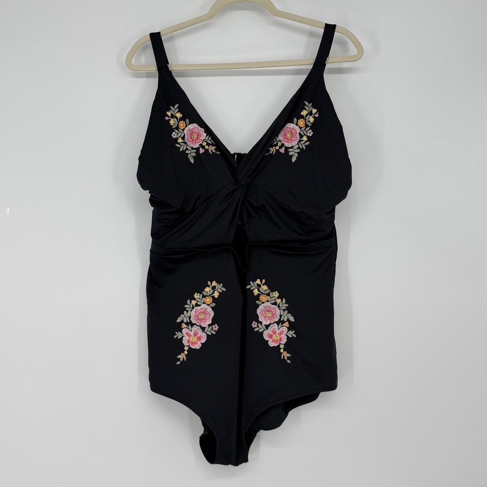 City Chic Womens Black Floral Embroidered Cutout One Piece Swimsuit Size 20
